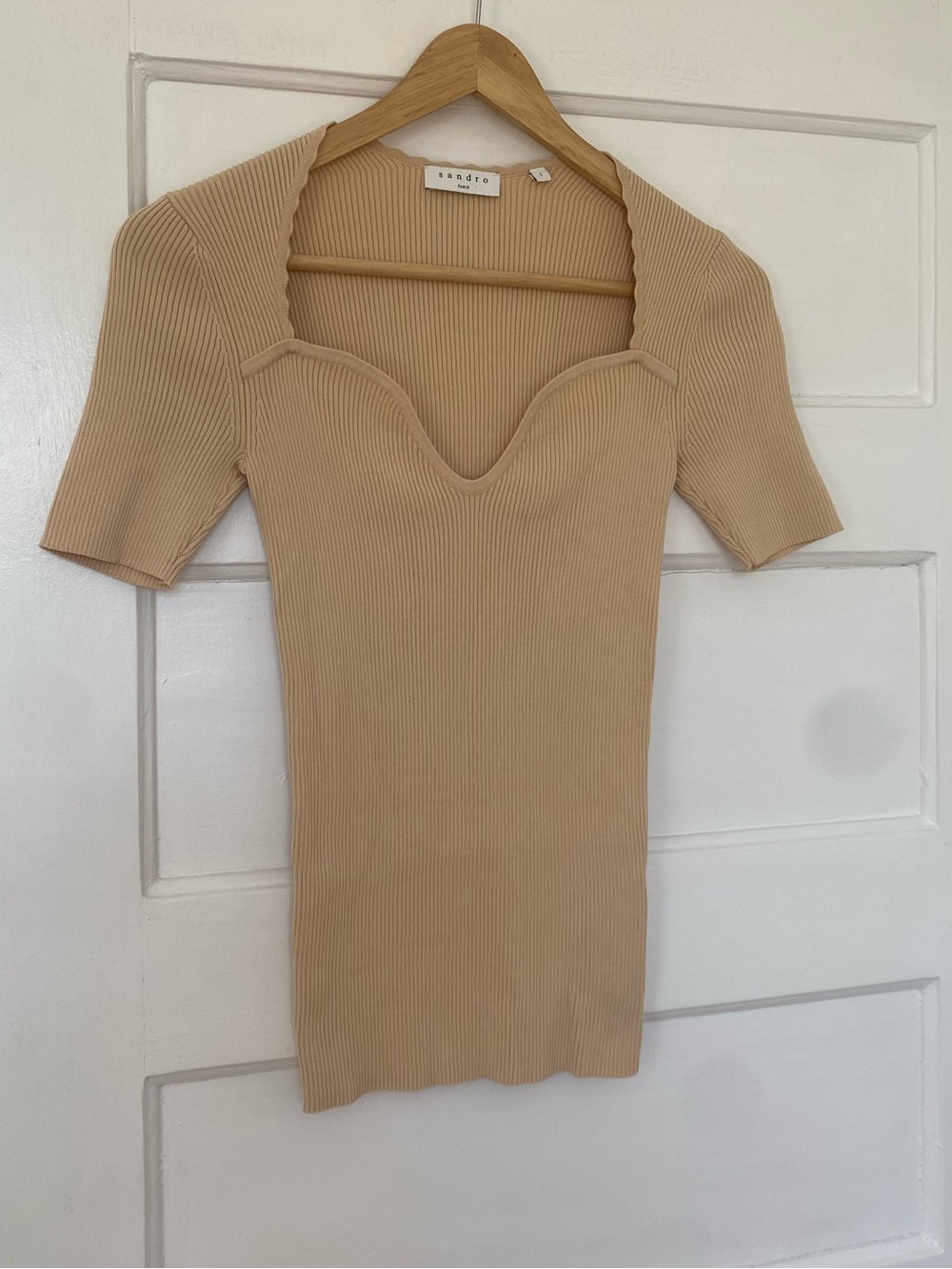 Sandro Beige Rib Knit Sweetheart Top - Picture 4 of 12